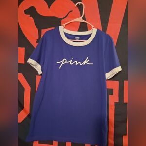 Victorias Secret PINK Campus Ringer Tee Blue/White Medium/oversized